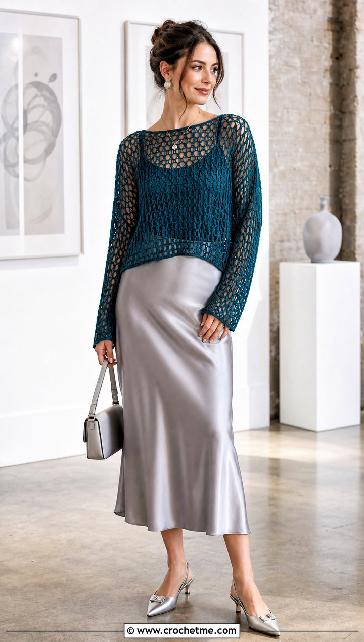 Mesh Crochet Sweater With Satin Midi Skirt - 35 crochet sweater for women outfit ideas