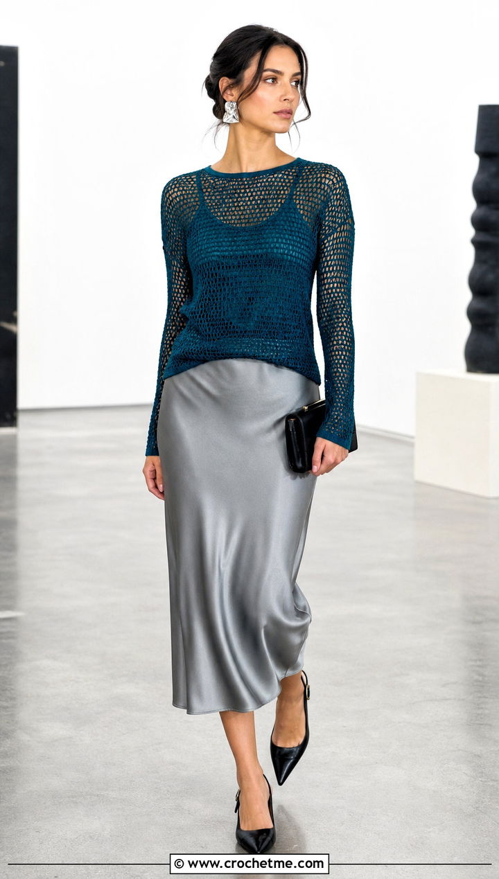 Mesh Crochet Sweater With Satin Midi Skirt - 15 bright crochet sweater design outfit ideas