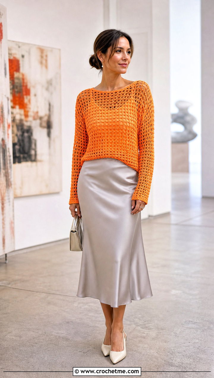 Mesh Crochet Sweater With Satin Midi Skirt - 15 Sweaters To Crochet For Women outfit ideas