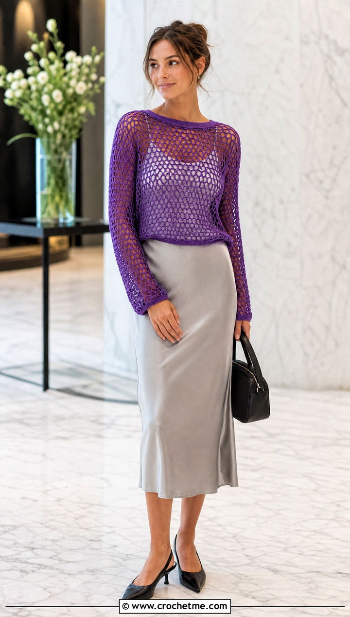 Mesh Crochet Sweater With Satin Midi Skirt - 30 cozy crochet sweater outfit ideas