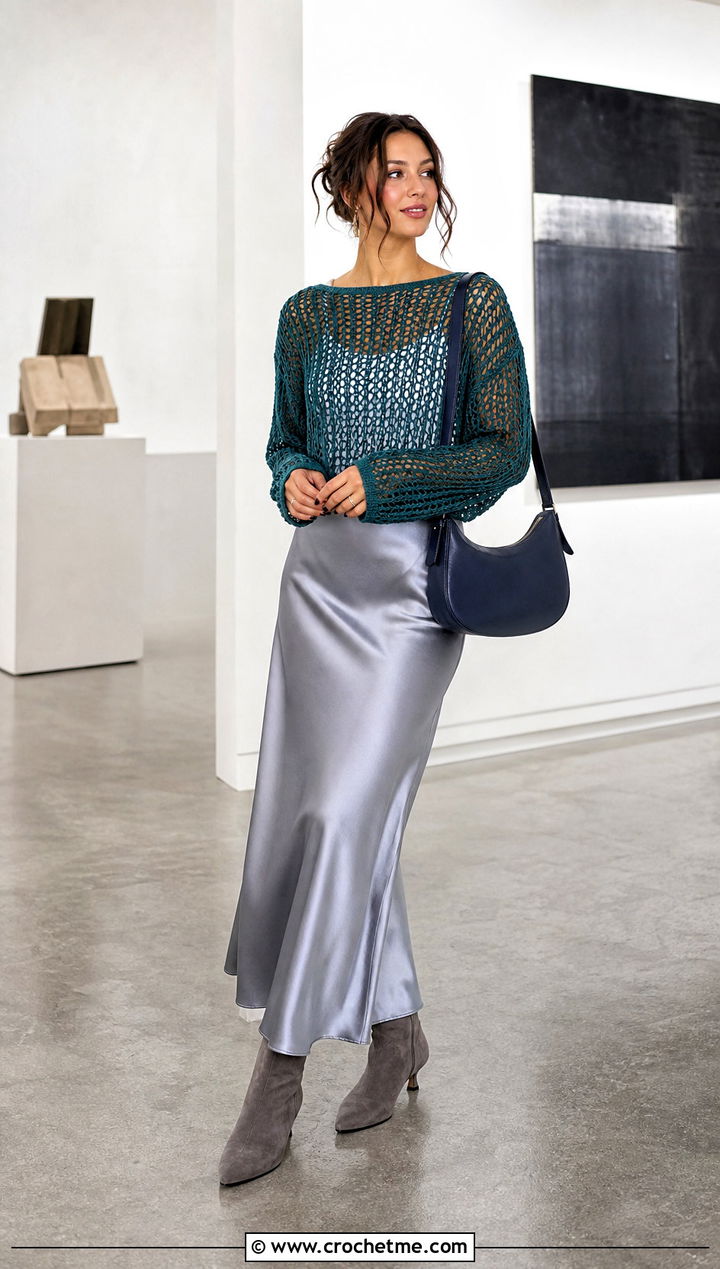 Mesh Crochet Sweater With Satin Slip Skirt - 30 fall crochet sweaters outfit ideas