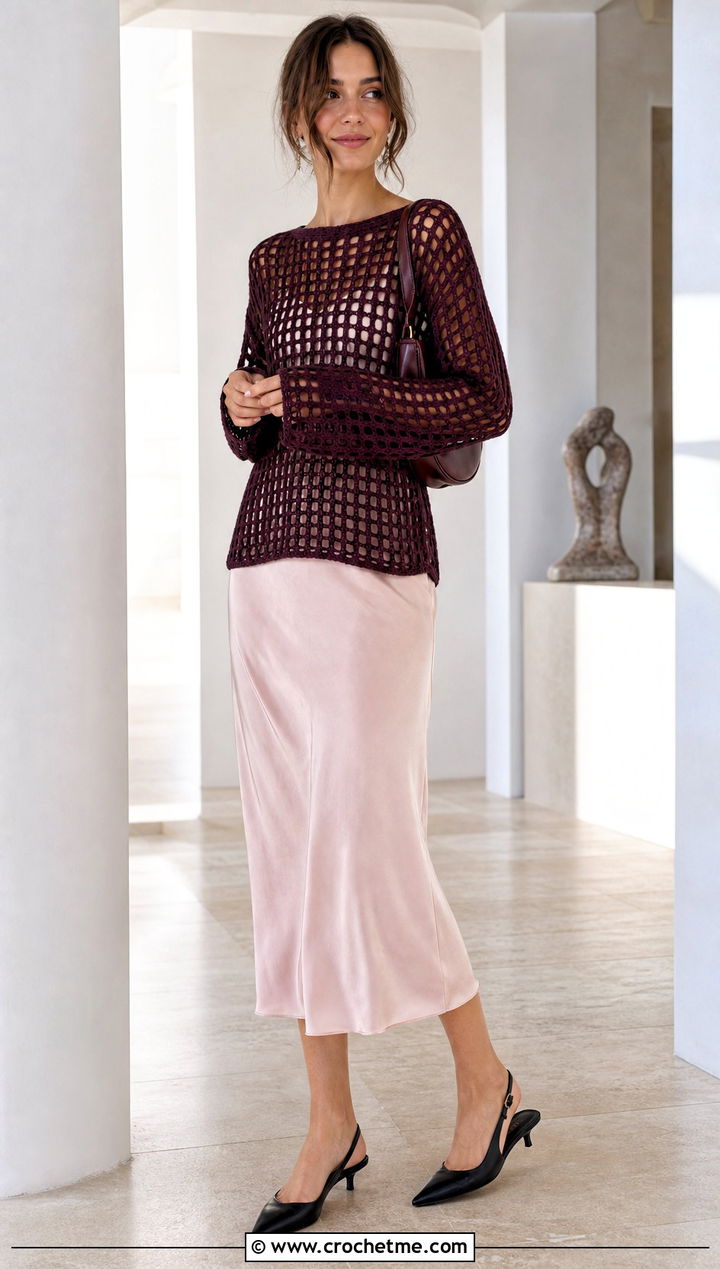 Mesh Crochet Sweater With Slip Dress - 25 Crochet Textured Sweater outfit ideas