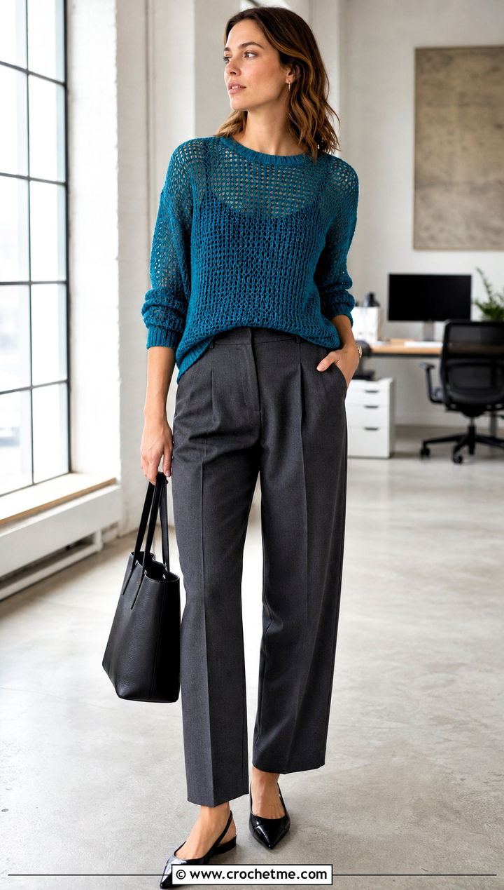 Mesh Crochet Sweater With Tailored Trousers - 25 Funky Crochet Sweater outfit ideas