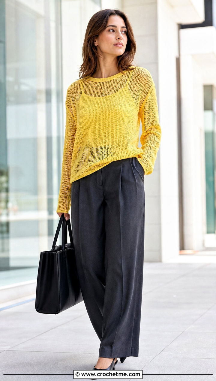 Mesh Crochet Sweater With Tailored Trousers - 15 Crochet Sweater Aesthetic outfit ideas