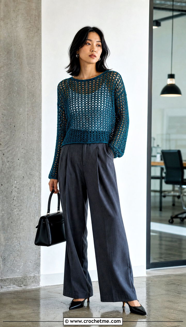 Mesh Crochet Sweater With Tailored Trousers - 15 Modern Crochet Sweater outfit ideas