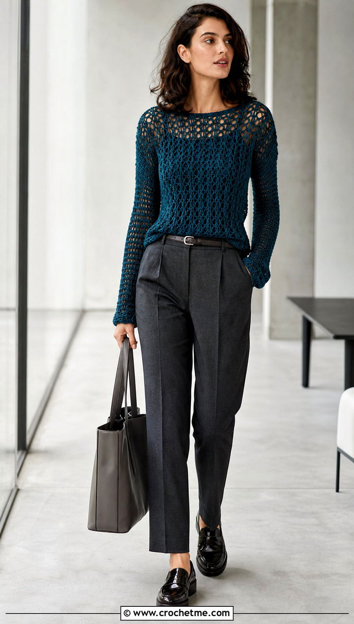 Mesh Crochet Sweater With Tailored Trousers - 30 crochet sweater inspiration outfit ideas