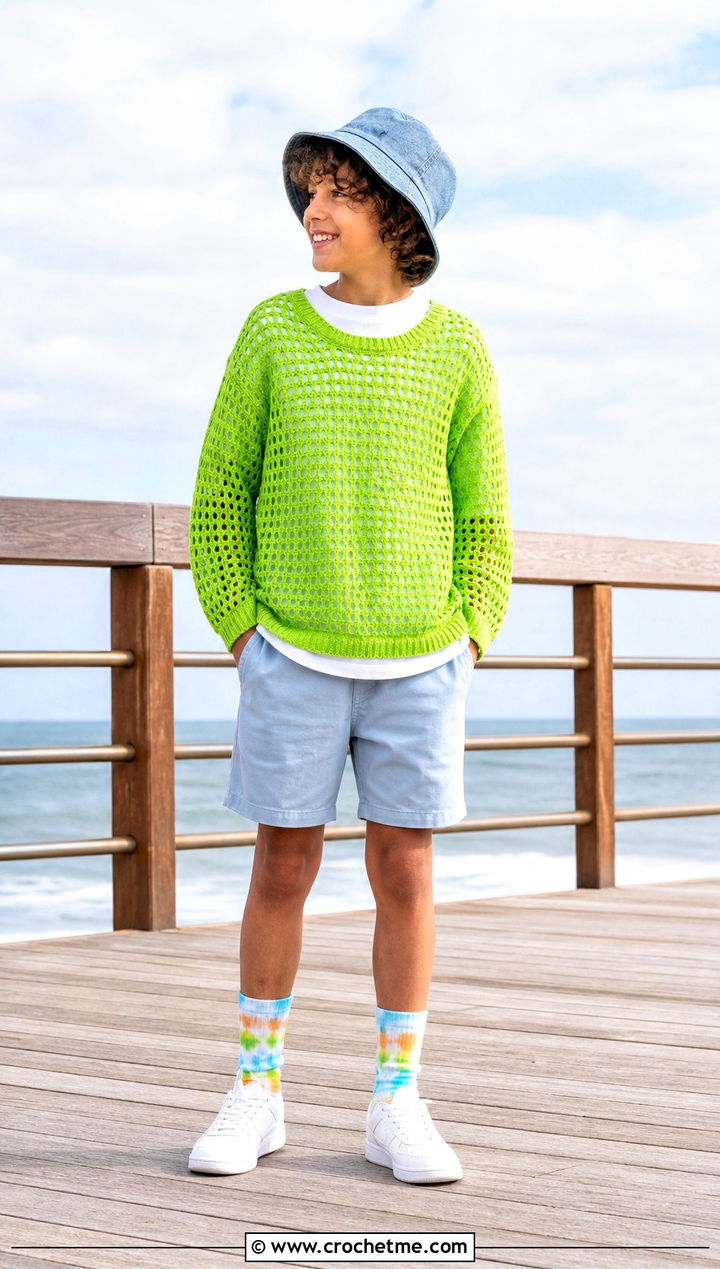 Mesh Crochet Sweater With Twill Shorts - 15 Crochet Childs Sweater outfit ideas