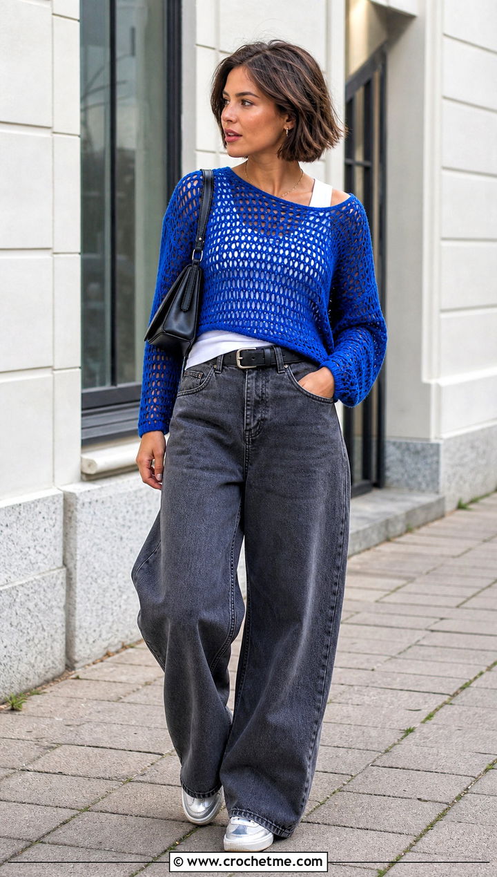 Mesh Crochet Sweater With Wide Leg Jeans - 15 adult crochet sweater outfit ideas