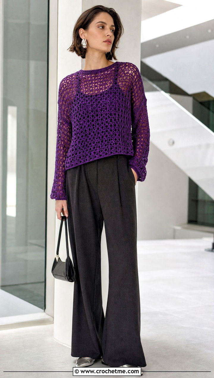 Mesh Crochet Sweater With Wide Leg Trousers - 30 Crocheted Sweater Outfit ideas