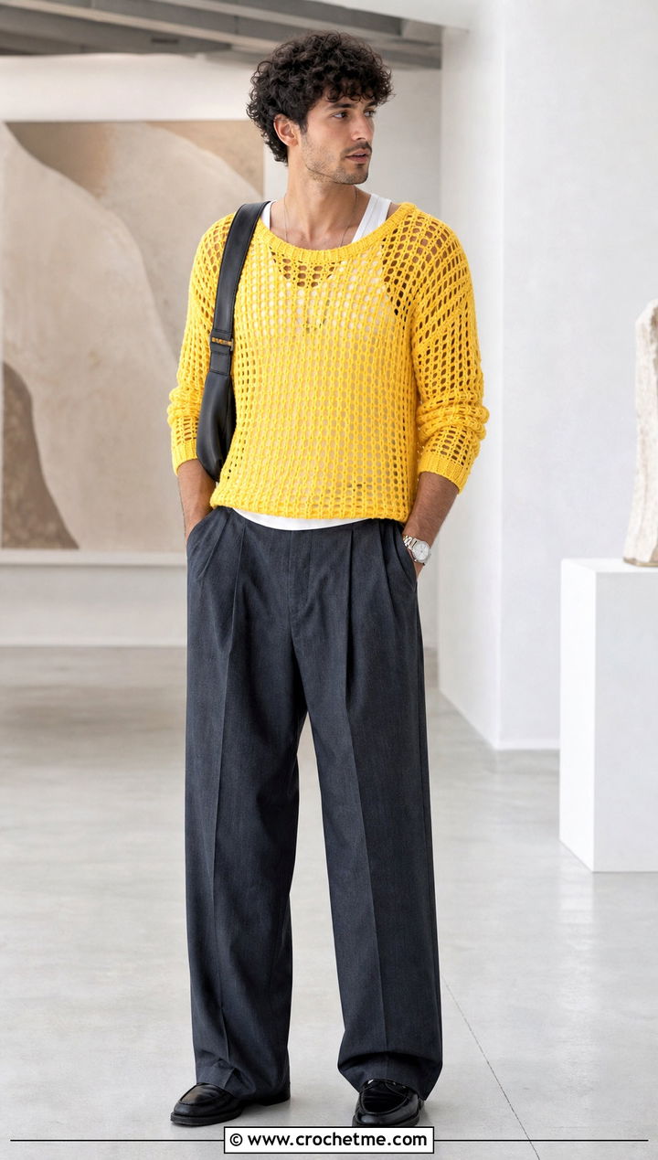 Mesh Crochet Sweater With Wide Leg Trousers - 30 male crochet sweater outfit ideas
