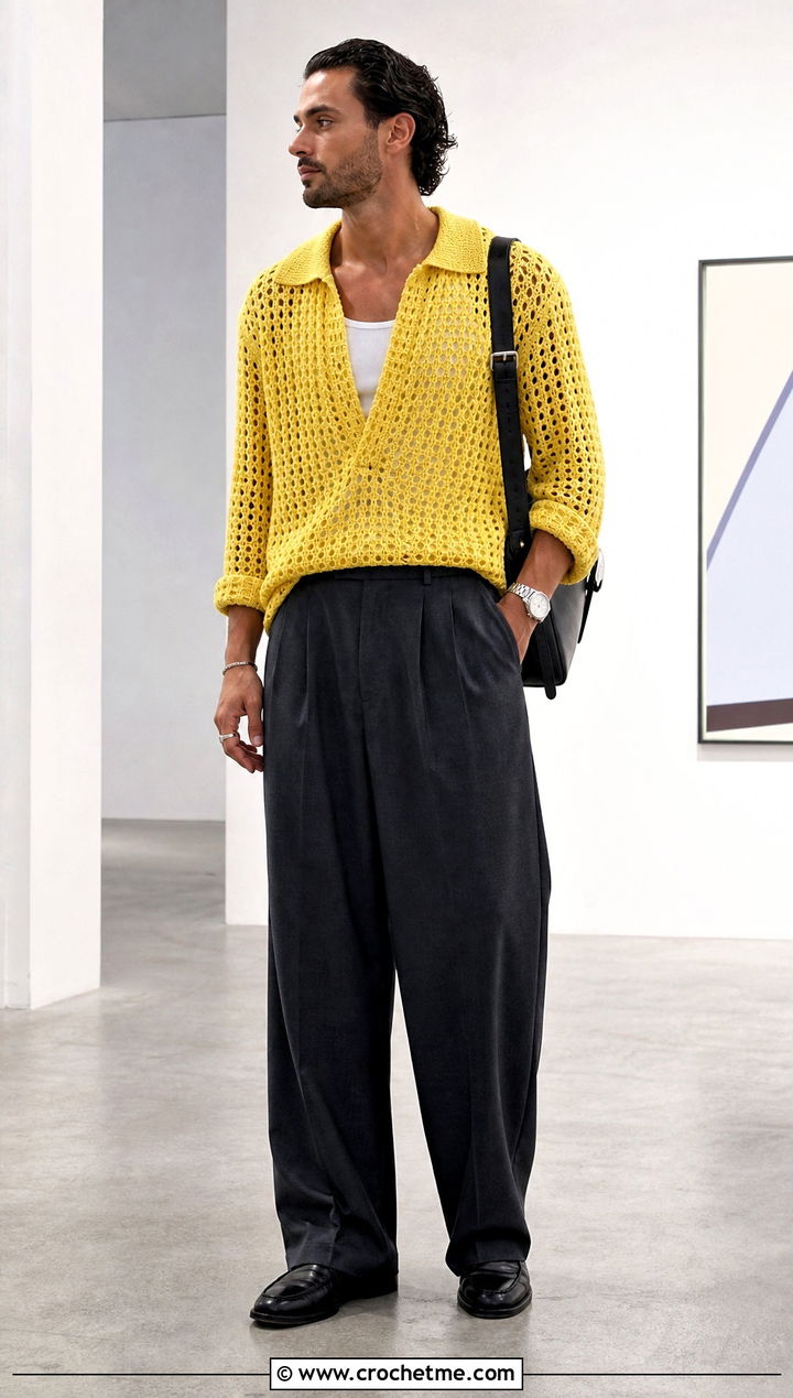 Mesh Crochet Sweater With Wide Leg Trousers - 30 men's crochet sweater outfit ideas