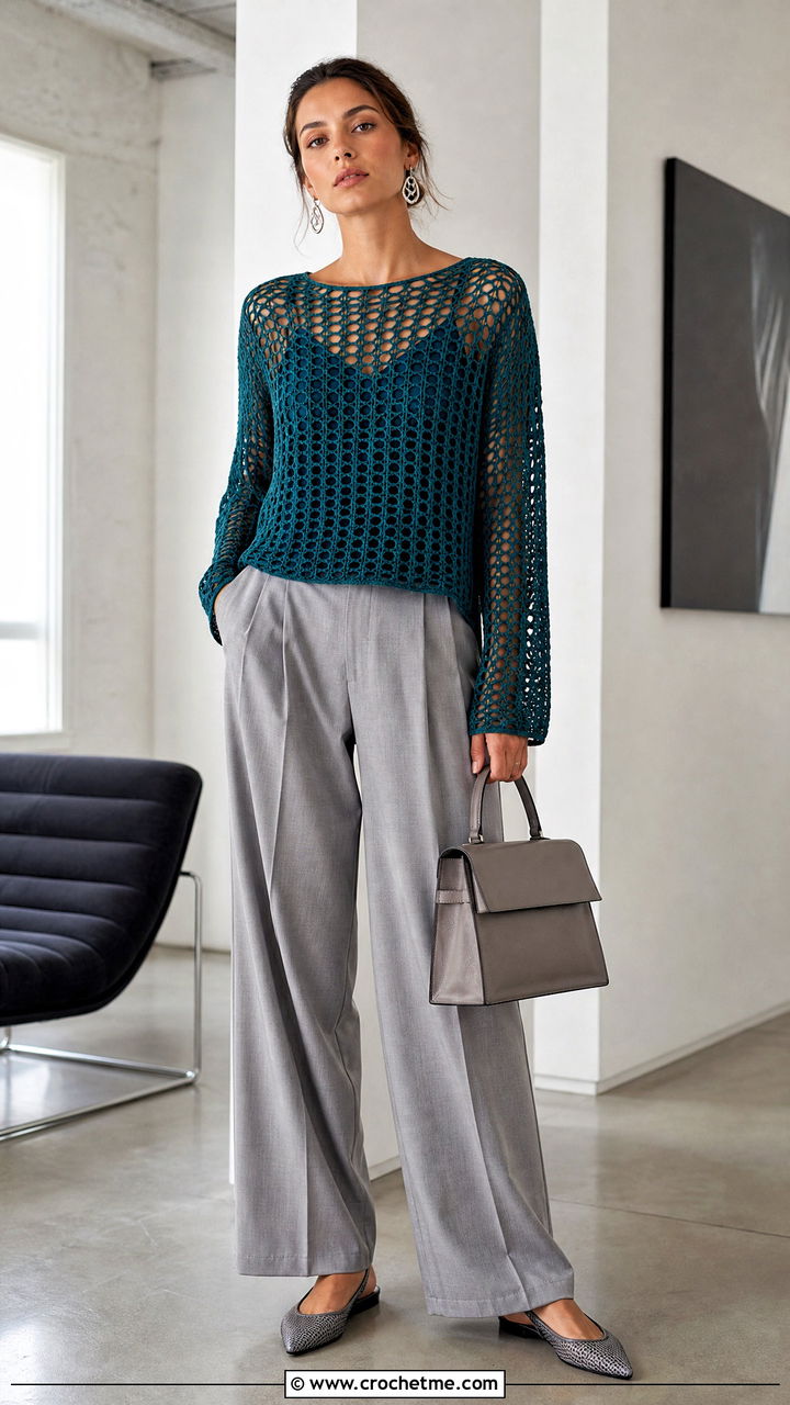 Mesh Crochet Sweater With Wide Leg Trousers - 35 crochet sweaters women outfit ideas