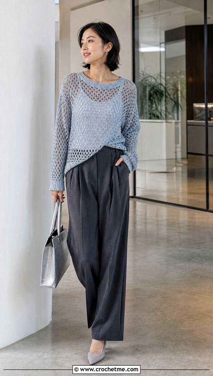 Mesh Crochet Sweater With Wide Leg Trousers - 25 Fire Crochet Sweater outfit ideas