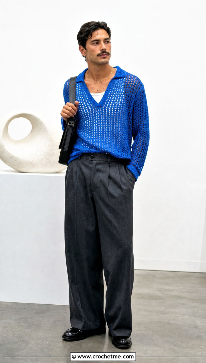 Mesh Crochet Sweater With Wide Leg Trousers - 25 man crochet sweater outfit ideas