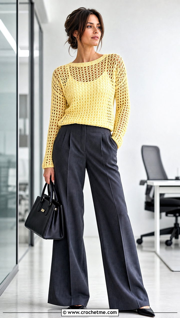 Mesh Crochet Sweater With Wide Leg Trousers - 30 crochet women sweater outfit ideas