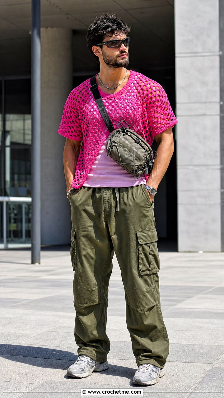 Mesh Crochet T Shirt With Cargo Pants - 35 crochet mens shirt outfit ideas