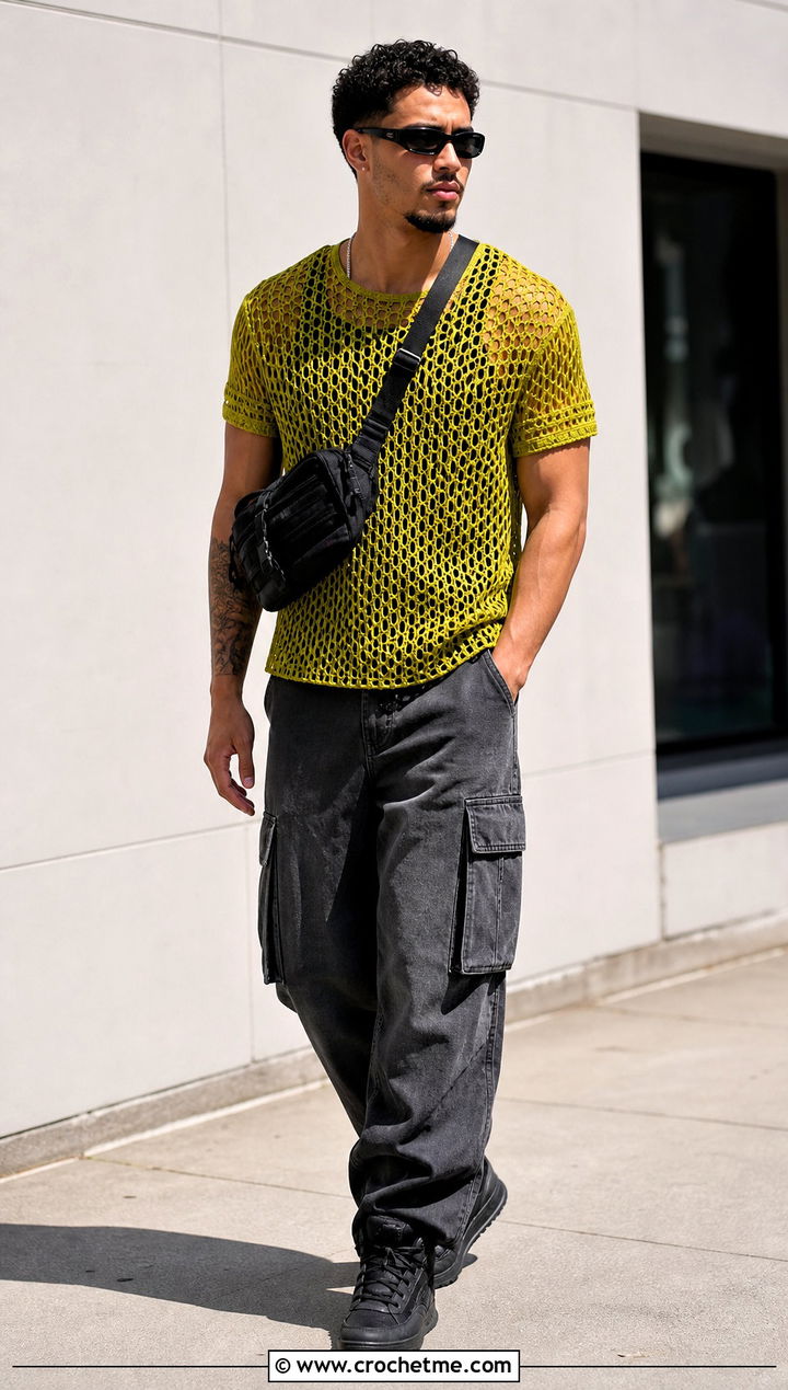 Mesh Crochet T Shirt With Cargo Pants - 25 Crochet Guys Clothes and outfit ideas