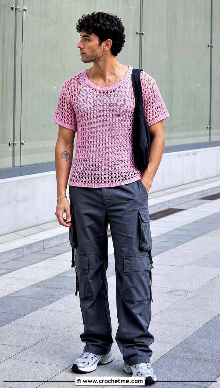 Mesh Crochet T Shirt With Cargo Pants - 25 Crochet Men Clothing and outfit ideas