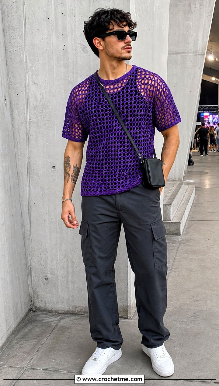 Mesh Crochet T Shirt With Cargo Pants - 30 men crochet top outfit ideas