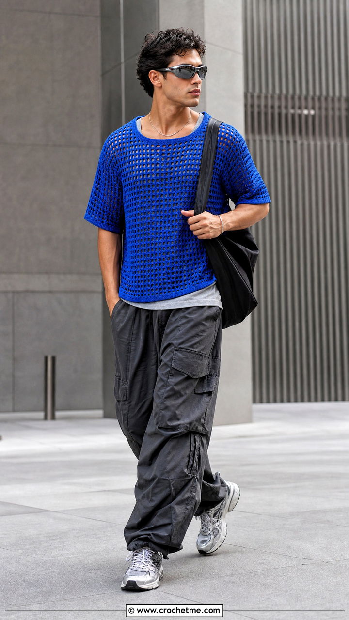 Mesh Crochet T Shirt With Parachute Cargo Pants - 35 crochet shirts for men outfit ideas