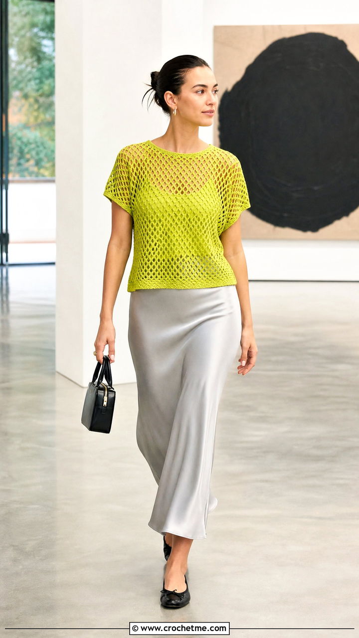 Mesh Crochet T Shirt With Satin Slip Skirt - 35 Basic Crochet Top outfit ideas