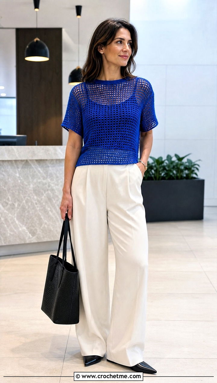 Mesh Crochet T Shirt With Tailored Trousers - 35 diy crochet clothes and outfit ideas