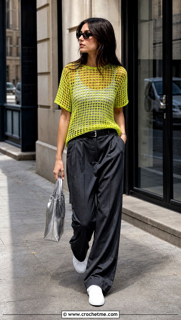 Mesh Crochet T Shirt With Tailored Trousers - 25 beginner crochet clothing and outfit ideas