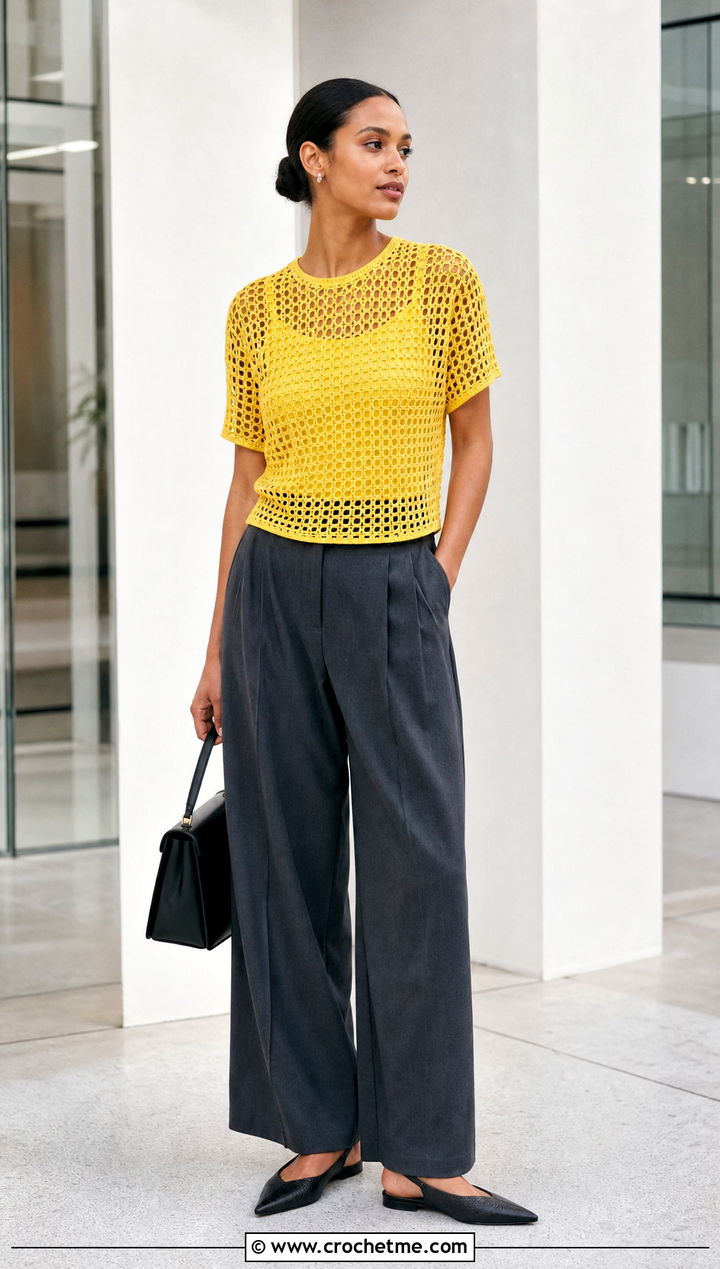 Mesh Crochet T Shirt With Tailored Trousers - 30 crochet t shirts outfit ideas
