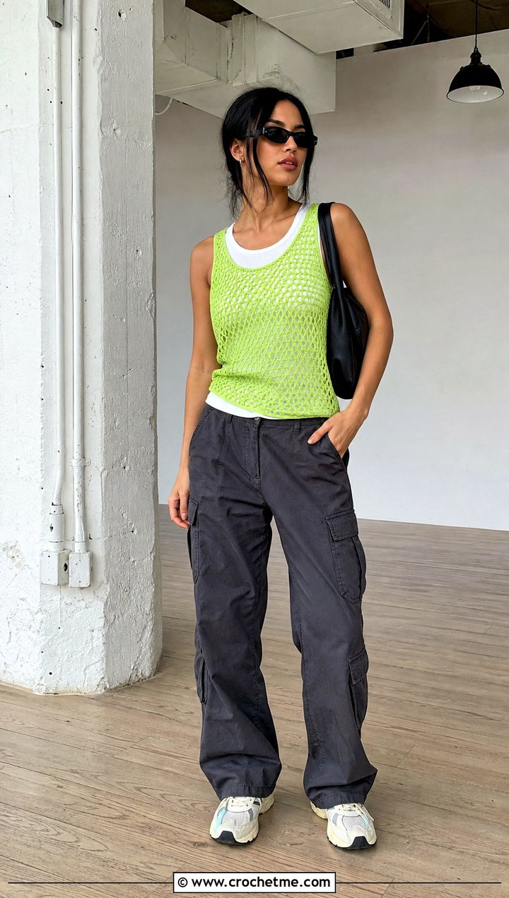 Mesh Crochet Tank Top With Cargo Pants - 15 crochet top on wooden floor outfit ideas