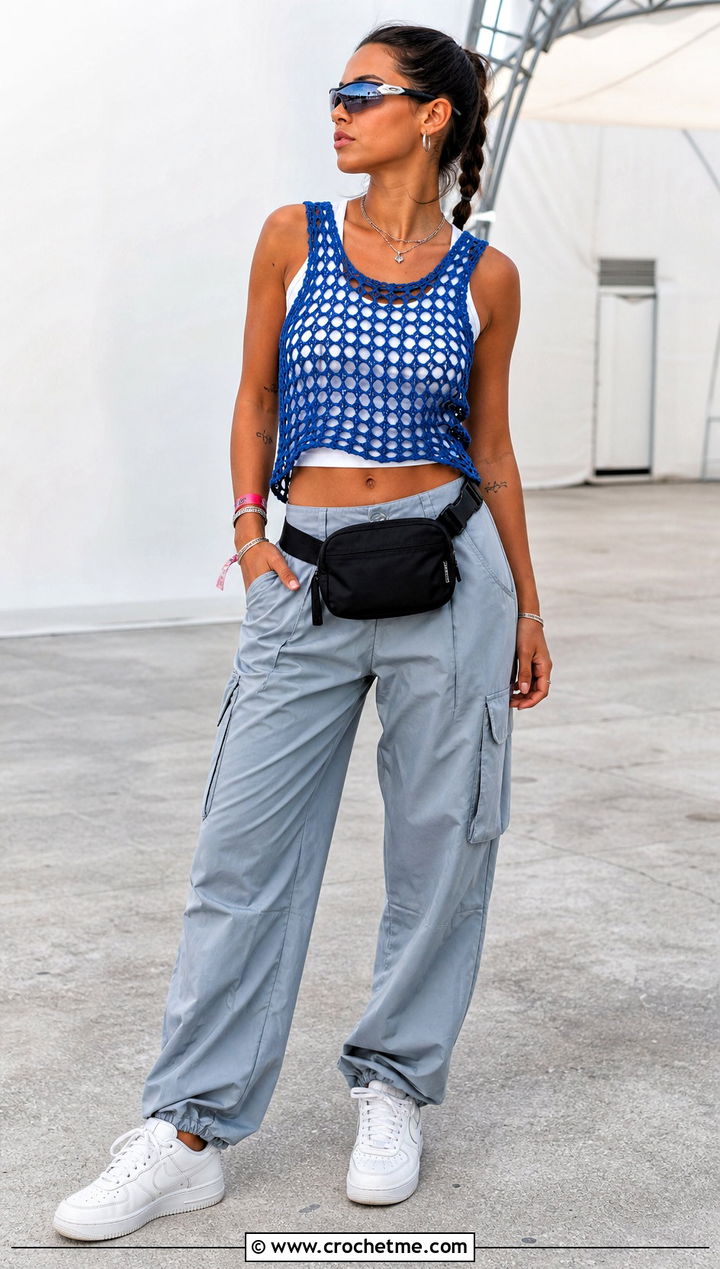 Mesh Crochet Tank Top With Cargo Pants - 20 Festival Crochet Top outfit ideas