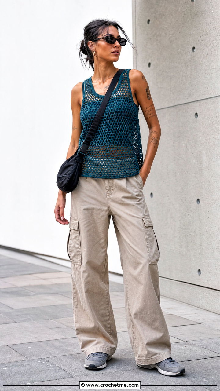 Mesh Crochet Tank Top With Cargo Pants - 35 aesthetic crochet top outfit ideas