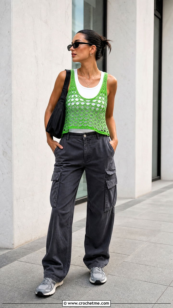 Mesh Crochet Tank Top With Cargo Pants - 35 colorful crochet top outfit ideas