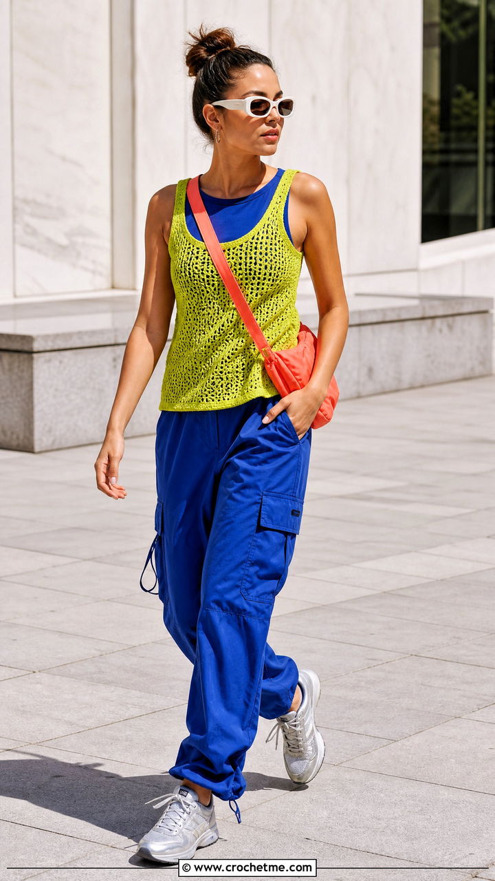 Mesh Crochet Tank Top With Cargo Pants - 35 crochet outfits ideas