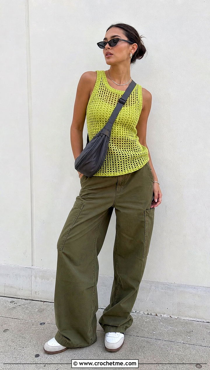 Mesh Crochet Tank Top With Cargo Pants - 35 spring crochet top outfit ideas