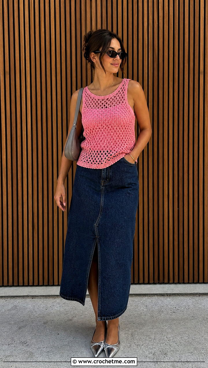 Mesh Crochet Tank Top With Denim Midi Skirt - 15 pink crochet top on wooden background outfit ideas