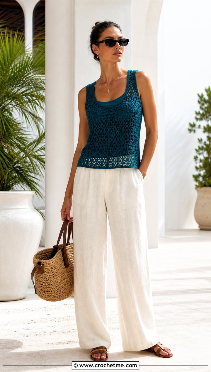 Mesh Crochet Tank Top With Linen Trousers - 35 Easy Crochet Top outfit ideas