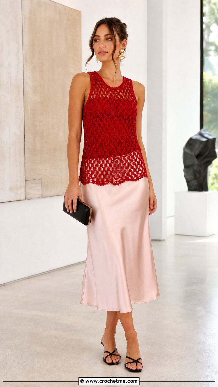Mesh Crochet Tank Top With Satin Midi Skirt - 35 crochet tank top outfit ideas