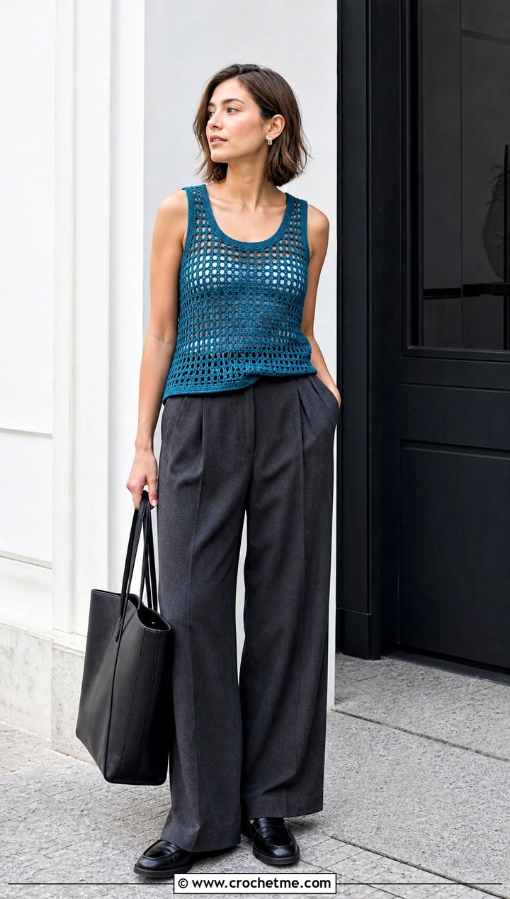 Mesh Crochet Tank Top With Tailored Trousers - 25 Easy Crochet Projects Top outfit ideas