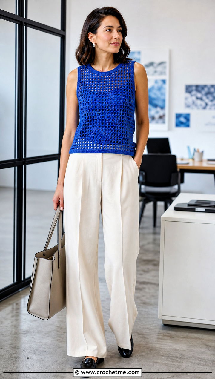 Mesh Crochet Tank Top With Wide Leg Trousers - 30 crochet clothing for beginners outfit ideas