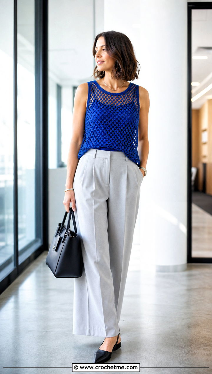 Mesh Crochet Tank With Tailored Trousers - 25 Small Crochet Projects Clothes and outfit ideas