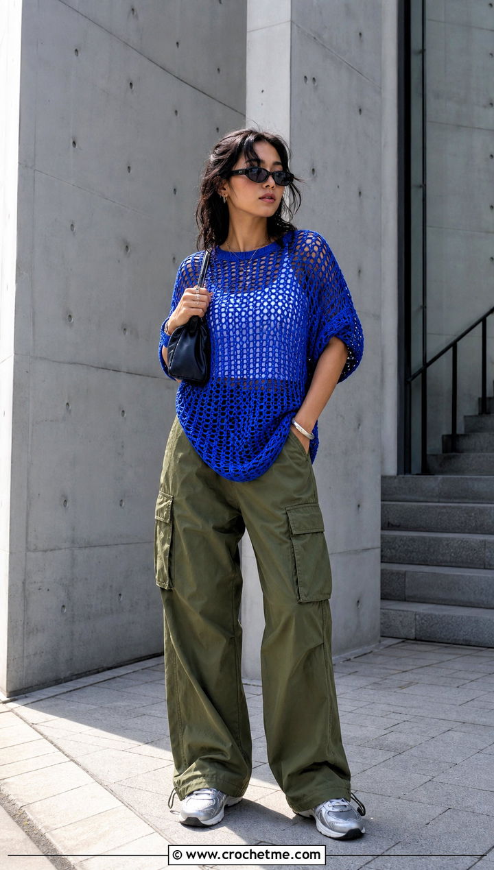 Mesh Crochet Tee With Cargo Pants - 15 crochet top dress style outfit ideas