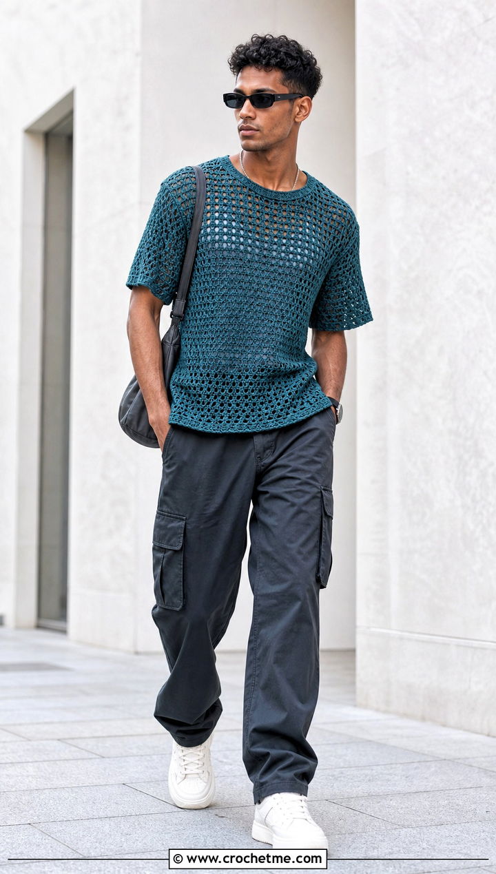 Mesh Crochet Tee With Cargo Pants - 30 begginer crochet top outfit ideas