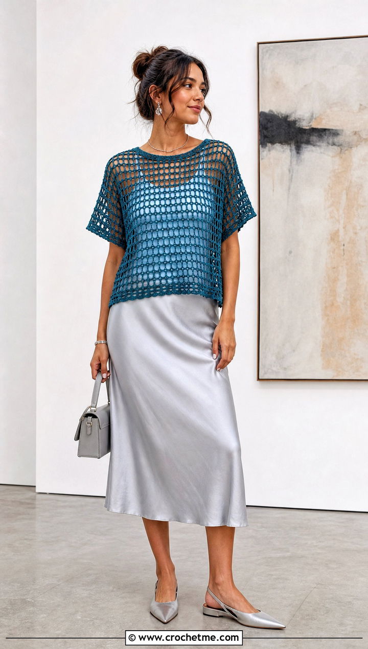Mesh Crochet Tee With Satin Midi Skirt - 15 easy crochet tops for women outfit ideas