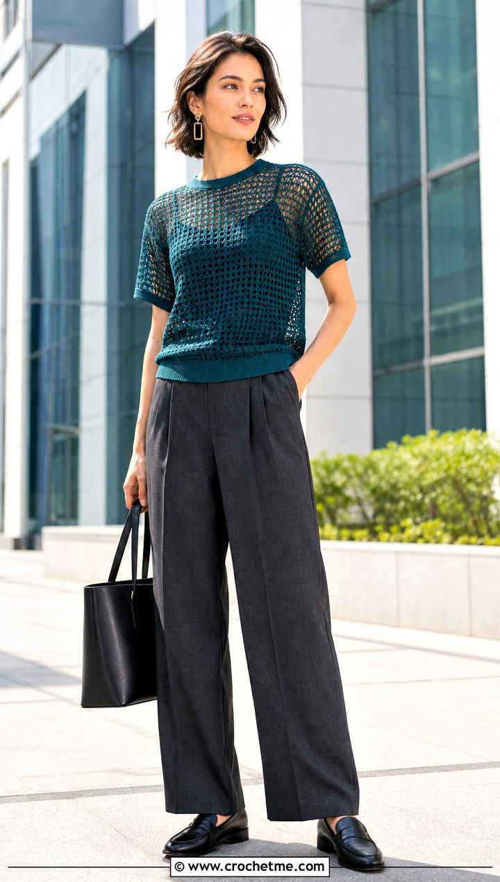 Mesh Crochet Tee With Tailored Trousers - 25 lightweight crochet top outfit ideas
