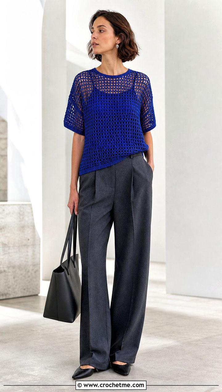 Mesh Crochet Tee With Tailored Trousers - 35 Fast Crochet Top outfit ideas