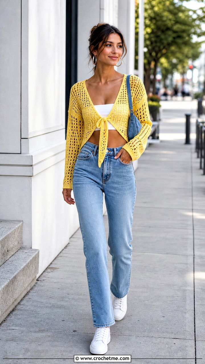 Mesh Crochet Tie Top With Straight Leg Jeans - 35 crochet tie top outfit ideas