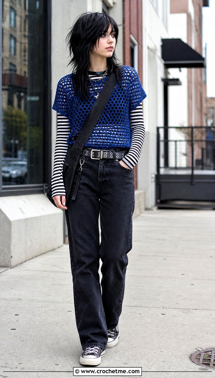 Mesh Crochet Top Over A Striped Long Sleeve Shirt - 25 emo crochet top outfit ideas