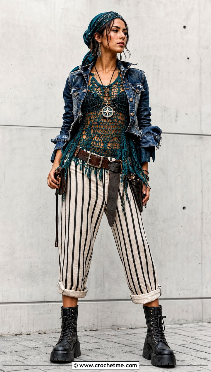 Mesh Crochet Top Pirate Costume With Striped Trousers - 30 crochet pirate costume outfit ideas