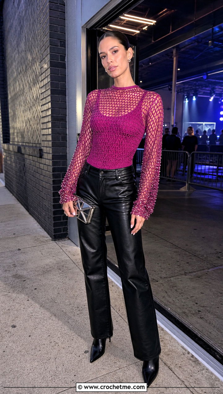 Mesh Crochet Top With Beaded Sleeves And Leather Pants - 15 crochet lace top with beads outfit ideas