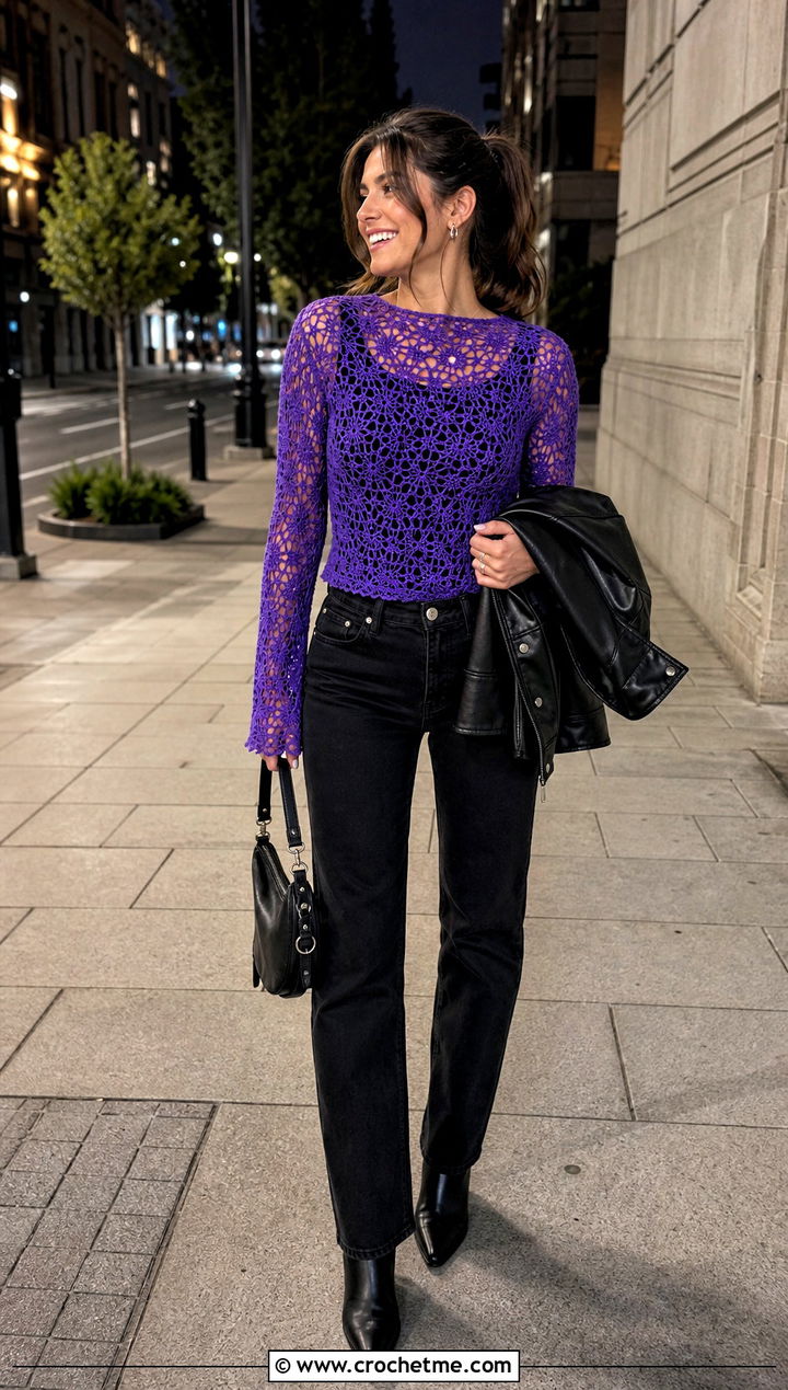 Mesh Crochet Top With Black Jeans - 25 birthday crochet outfit ideas